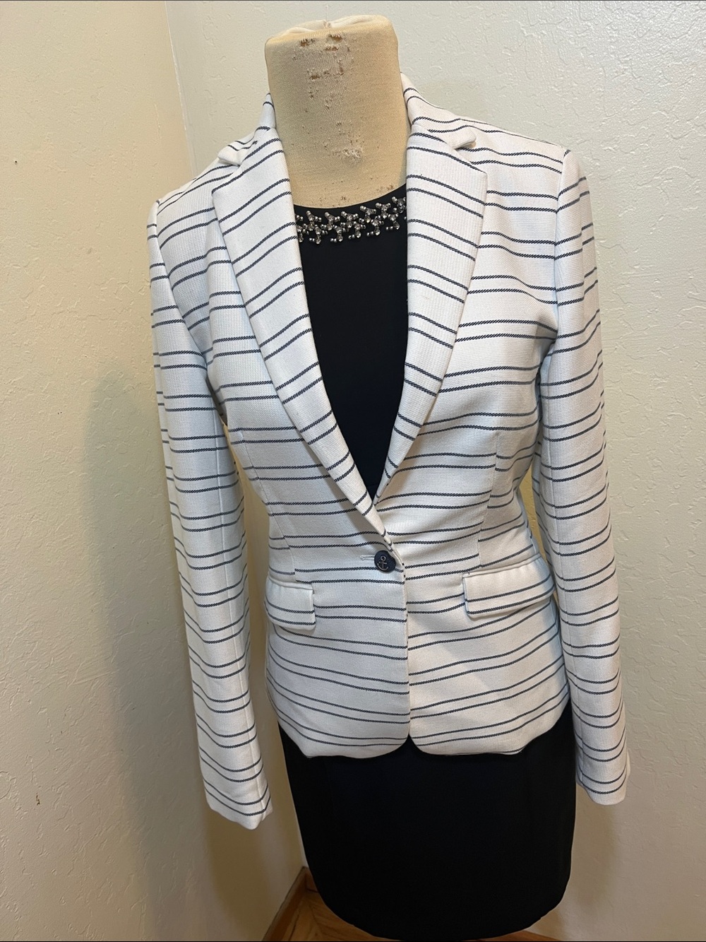 Katherine Barclay White Blazer with Navy Stripes
